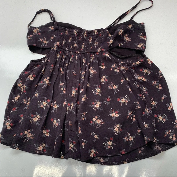 American Eagle Baby Doll Top Small‎  Y2K Dark Blue Floral Smocked Strappy Cutout - Picture 6 of 10